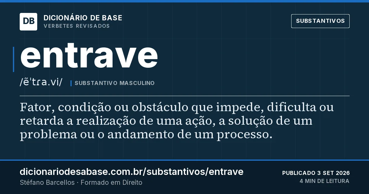 Cartão do verbete entrave: Fator, condição ou obstáculo que impede, dificulta ou retarda a realização de uma ação, a solução de um problema ou o…