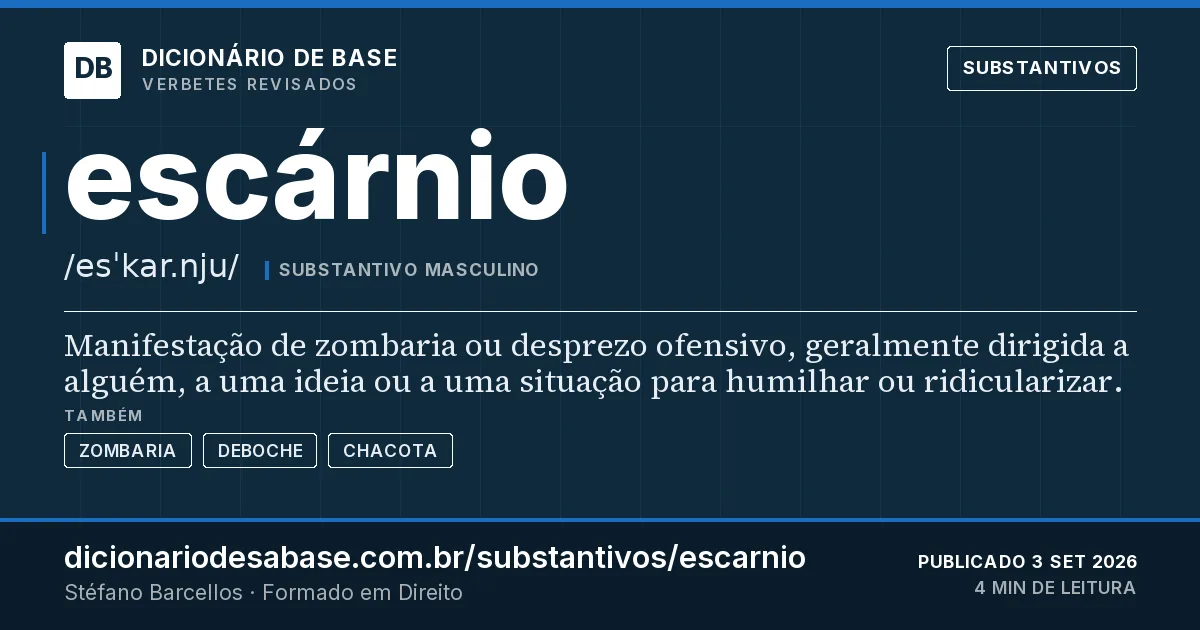 Cartão do verbete escárnio: Manifestação de zombaria ou desprezo ofensivo, geralmente dirigida a alguém, a uma ideia ou a uma situação para…