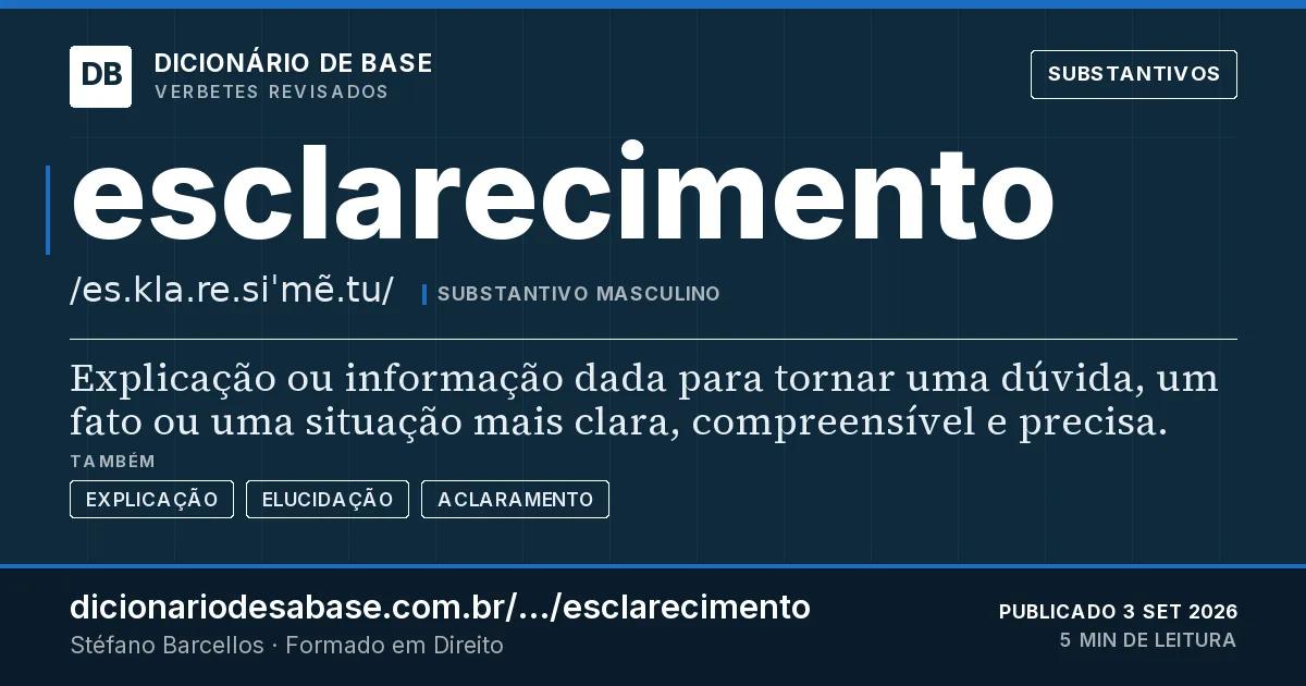 Cartão do verbete esclarecimento: Explicação ou informação dada para tornar uma dúvida, um fato ou uma situação mais clara, compreensível e precisa.