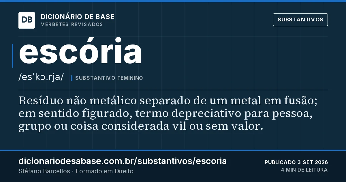 Cartão do verbete escória: Resíduo não metálico separado de um metal em fusão; em sentido figurado, termo depreciativo para pessoa, grupo ou coisa…