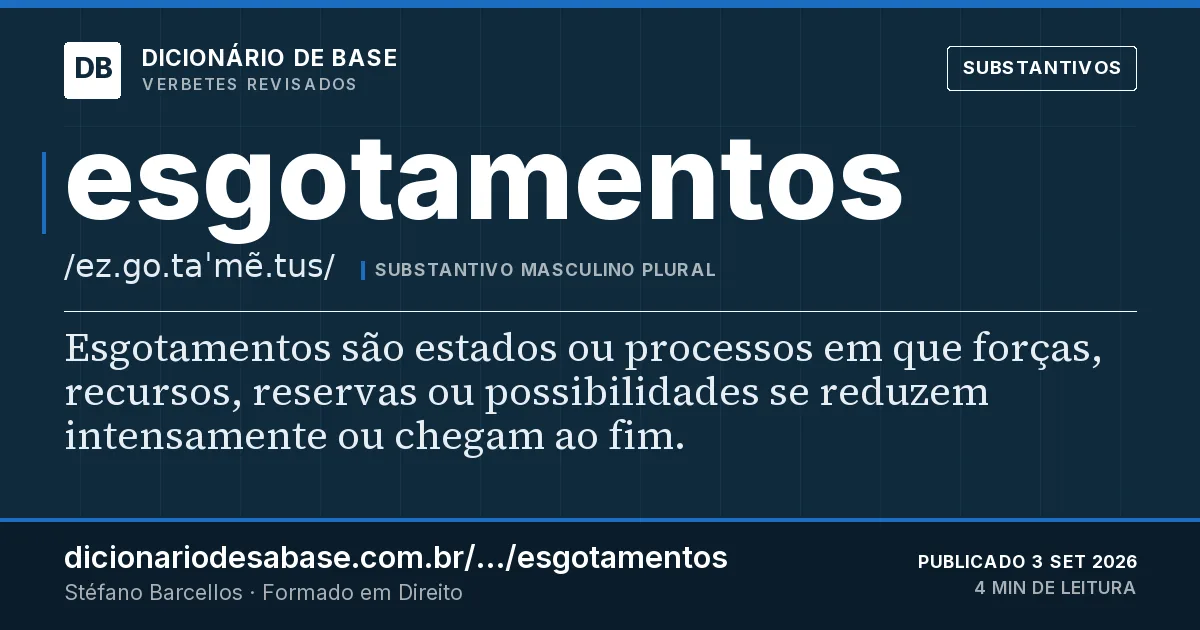 Cartão do verbete esgotamentos: Esgotamentos são estados ou processos em que forças, recursos, reservas ou possibilidades se reduzem intensamente ou…