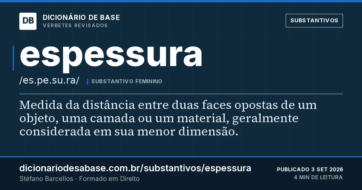 Cartão do verbete espessura: Medida da distância entre duas faces opostas de um objeto, uma camada ou um material, geralmente considerada em sua…