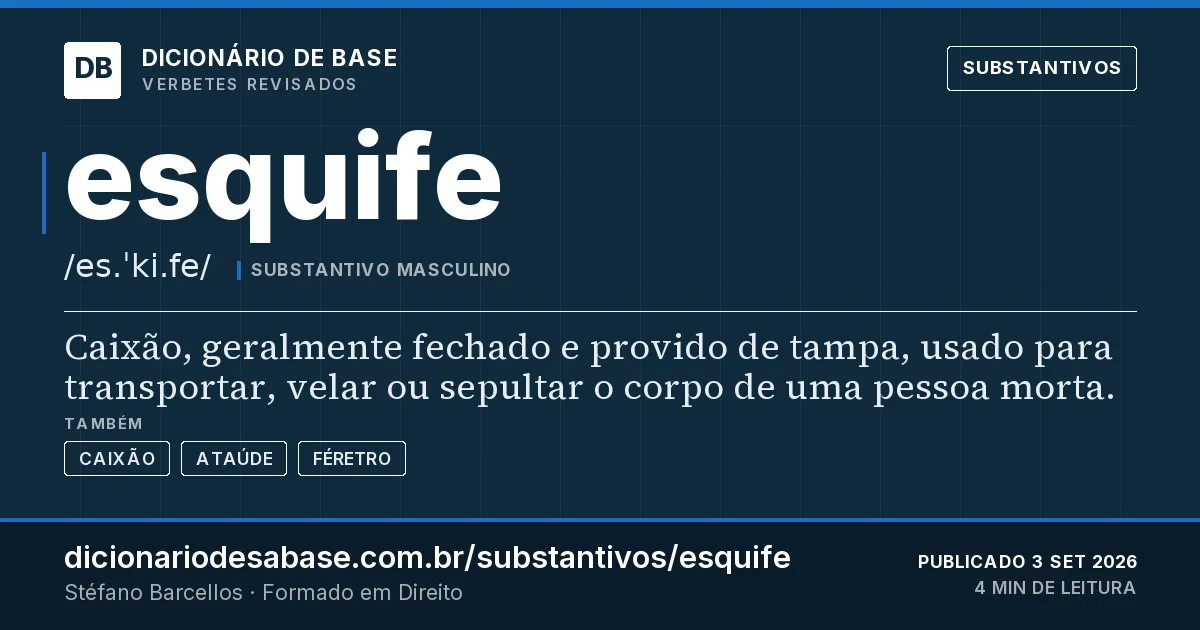 Cartão do verbete esquife: Caixão, geralmente fechado e provido de tampa, usado para transportar, velar ou sepultar o corpo de uma pessoa morta.