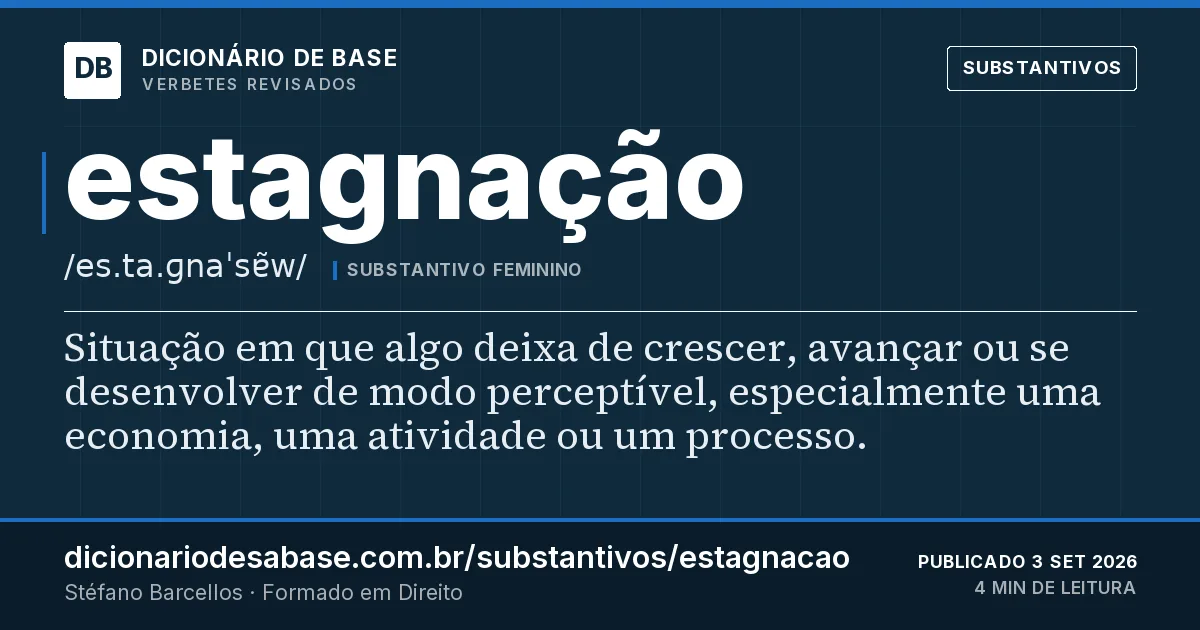 Cartão do verbete estagnação: Situação em que algo deixa de crescer, avançar ou se desenvolver de modo perceptível, especialmente uma economia, uma…