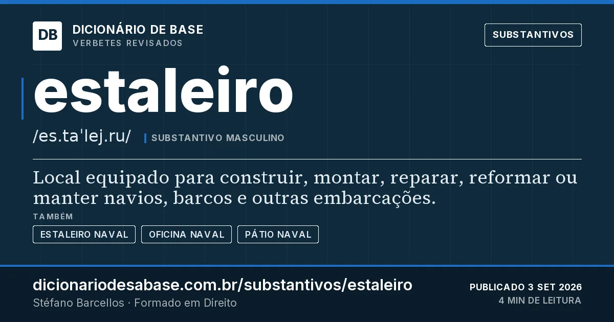 Cartão do verbete estaleiro: Local equipado para construir, montar, reparar, reformar ou manter navios, barcos e outras embarcações.