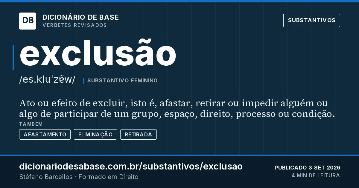 Cartão do verbete exclusão: Ato ou efeito de excluir, isto é, afastar, retirar ou impedir alguém ou algo de participar de um grupo, espaço…
