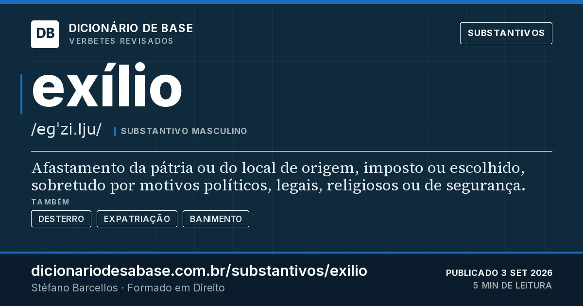 Cartão do verbete exílio: Afastamento da pátria ou do local de origem, imposto ou escolhido, sobretudo por motivos políticos, legais, religiosos…