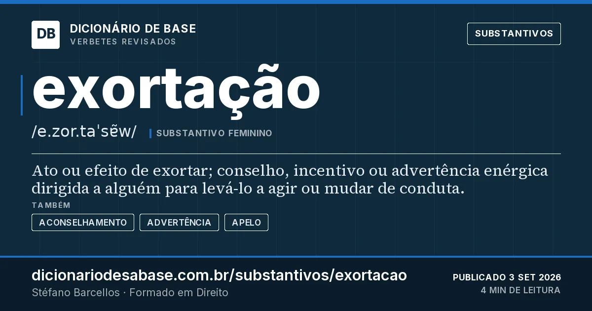 Cartão do verbete exortação: Ato ou efeito de exortar; conselho, incentivo ou advertência enérgica dirigida a alguém para levá-lo a agir ou mudar de…