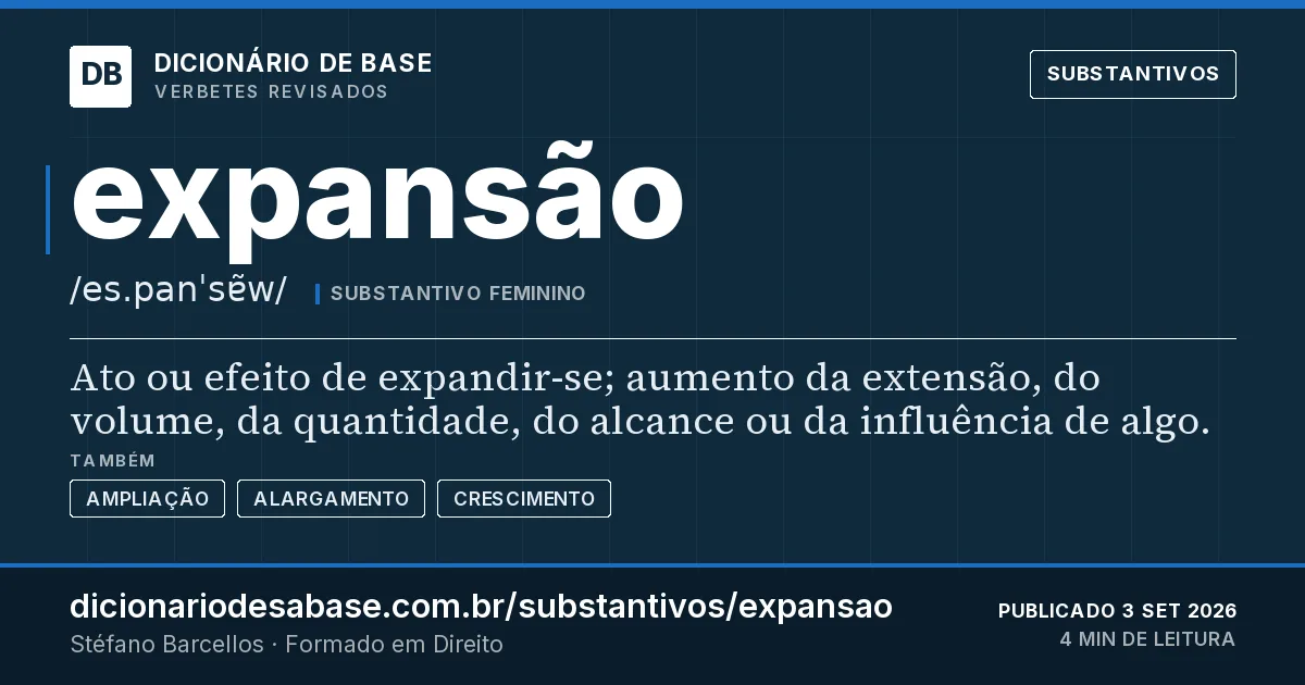 Cartão do verbete expansão: Ato ou efeito de expandir-se; aumento da extensão, do volume, da quantidade, do alcance ou da influência de algo.