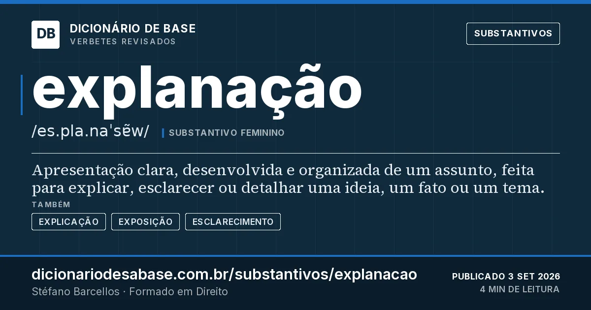 Cartão do verbete explanação: Apresentação clara, desenvolvida e organizada de um assunto, feita para explicar, esclarecer ou detalhar uma ideia, um…