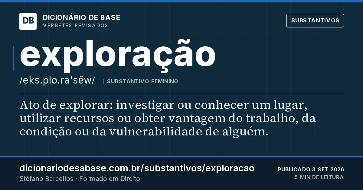 Cartão do verbete exploração: Ato de explorar: investigar ou conhecer um lugar, utilizar recursos ou obter vantagem do trabalho, da condição ou da…