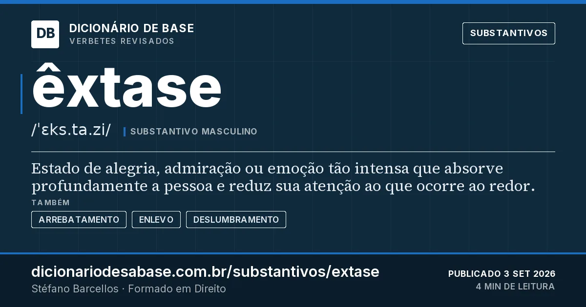 Cartão do verbete êxtase: Estado de alegria, admiração ou emoção tão intensa que absorve profundamente a pessoa e reduz sua atenção ao que ocorre…