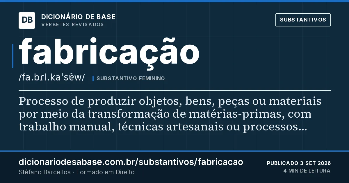 Cartão do verbete fabricação: Processo de produzir objetos, bens, peças ou materiais por meio da transformação de matérias-primas, com trabalho…