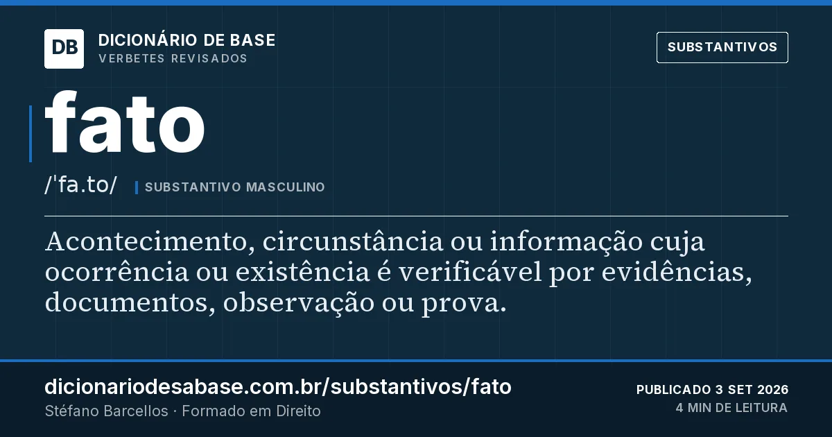 Cartão do verbete fato: Acontecimento, circunstância ou informação cuja ocorrência ou existência é verificável por evidências, documentos…