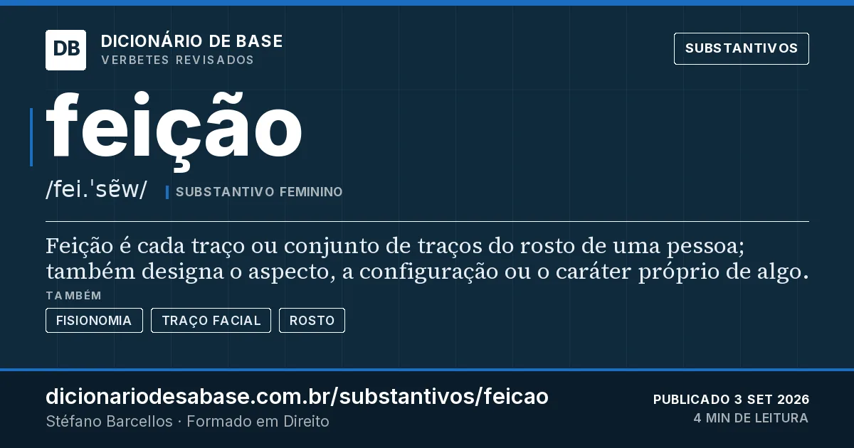Cartão do verbete feição: Feição é cada traço ou conjunto de traços do rosto de uma pessoa; também designa o aspecto, a configuração ou o caráter…