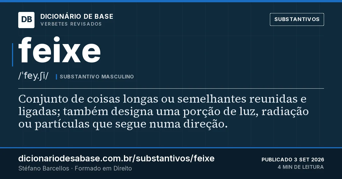 Cartão do verbete feixe: Conjunto de coisas longas ou semelhantes reunidas e ligadas; também designa uma porção de luz, radiação ou partículas…