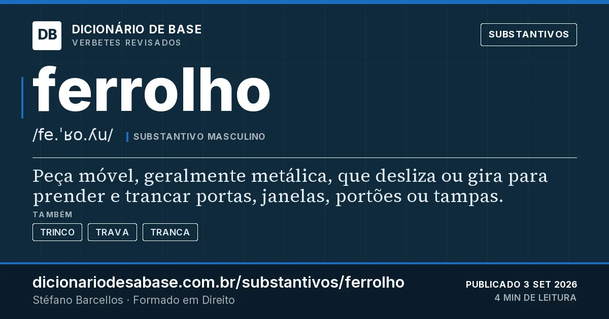 Cartão do verbete ferrolho: Peça móvel, geralmente metálica, que desliza ou gira para prender e trancar portas, janelas, portões ou tampas.