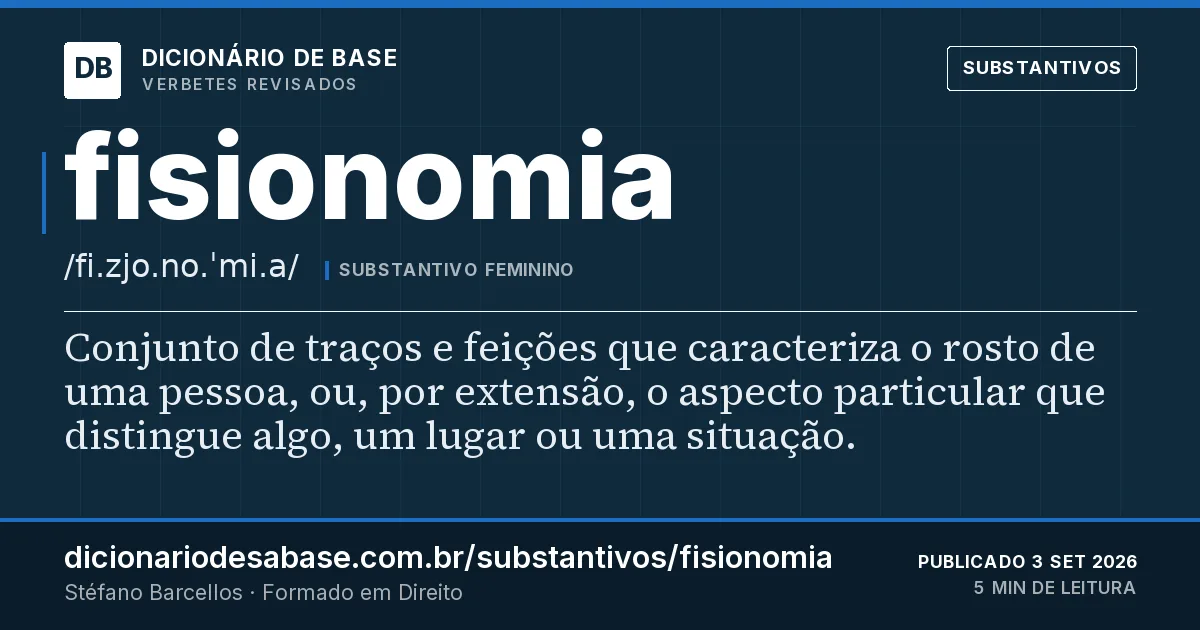 Cartão do verbete fisionomia: Conjunto de traços e feições que caracteriza o rosto de uma pessoa, ou, por extensão, o aspecto particular que…