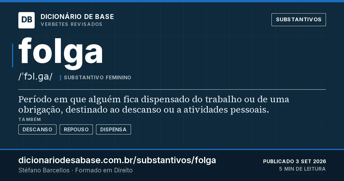 Cartão do verbete folga: Período em que alguém fica dispensado do trabalho ou de uma obrigação, destinado ao descanso ou a atividades pessoais.