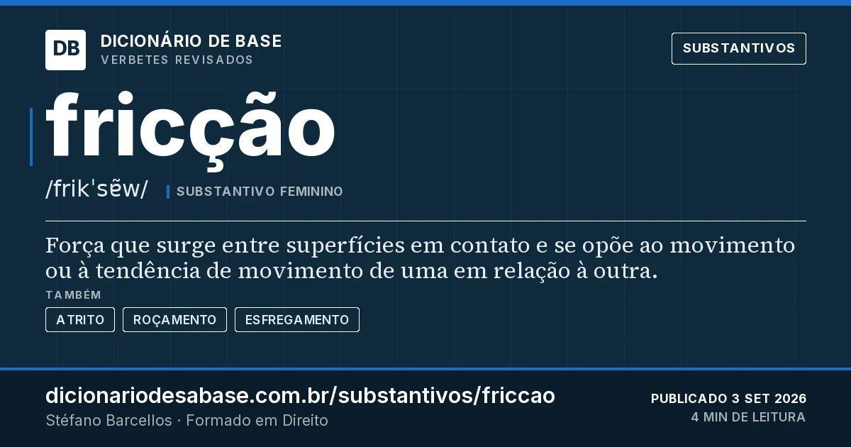 Cartão do verbete fricção: Força que surge entre superfícies em contato e se opõe ao movimento ou à tendência de movimento de uma em relação à…