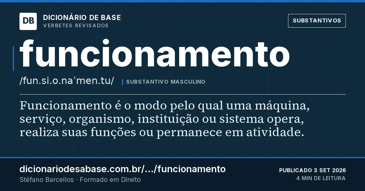 Cartão do verbete funcionamento: Funcionamento é o modo pelo qual uma máquina, serviço, organismo, instituição ou sistema opera, realiza suas funções ou…