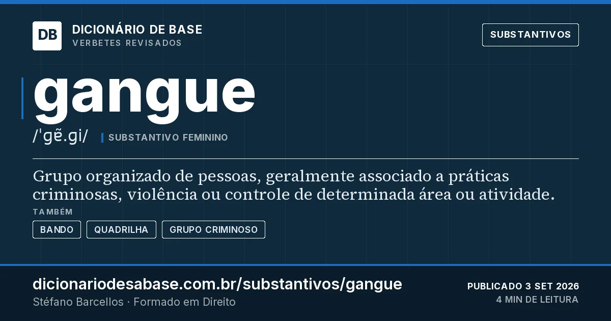 Cartão do verbete gangue: Grupo organizado de pessoas, geralmente associado a práticas criminosas, violência ou controle de determinada área ou…