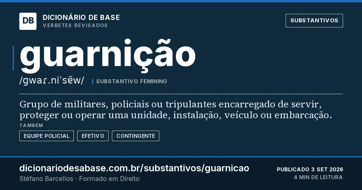Cartão do verbete guarnição: Grupo de militares, policiais ou tripulantes encarregado de servir, proteger ou operar uma unidade, instalação, veículo…