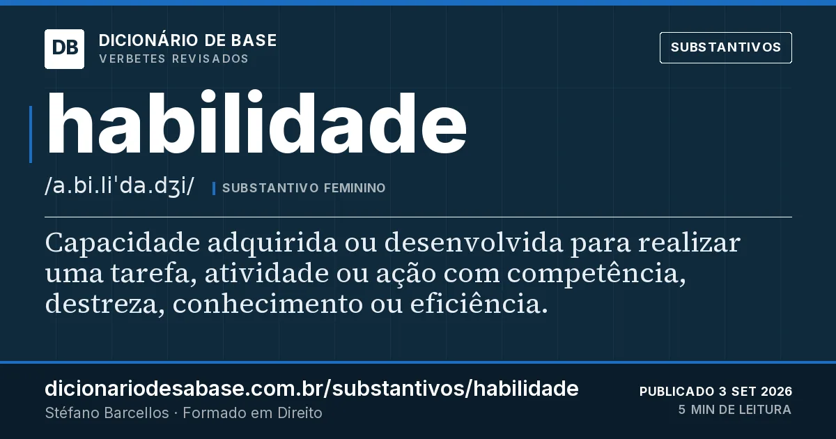 Cartão do verbete habilidade: Capacidade adquirida ou desenvolvida para realizar uma tarefa, atividade ou ação com competência, destreza…