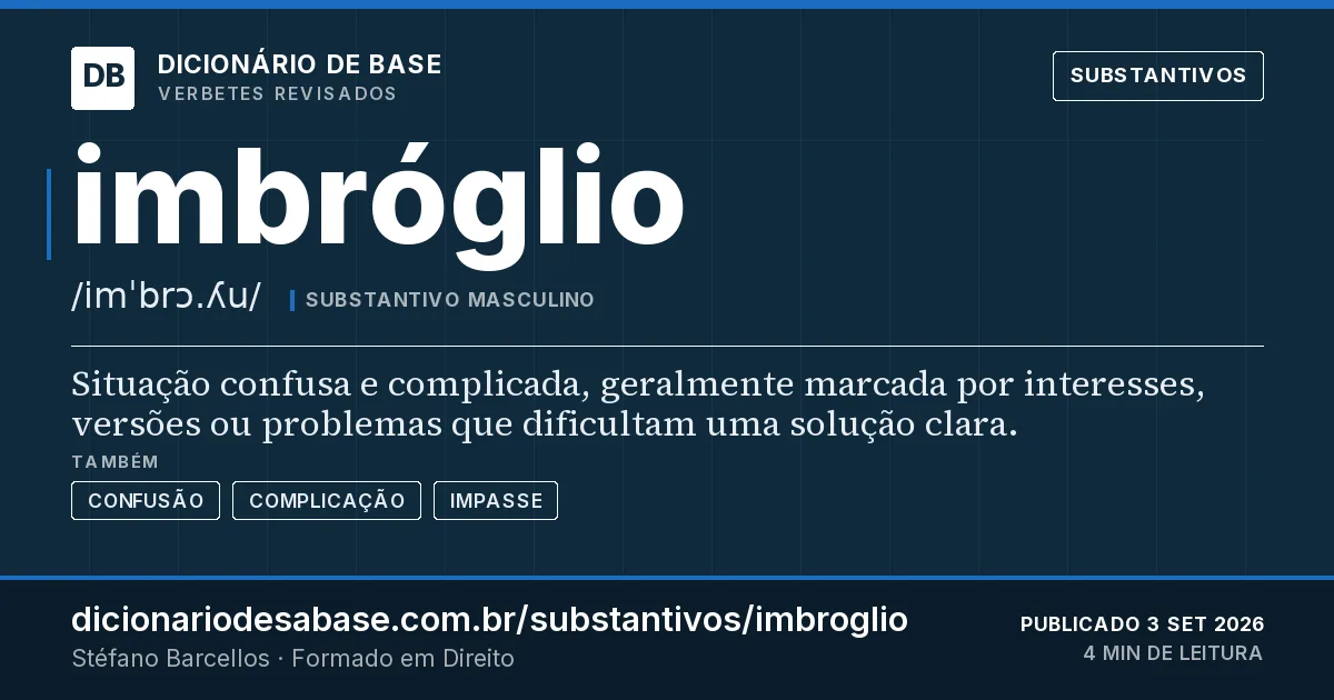 Cartão do verbete imbróglio: Situação confusa e complicada, geralmente marcada por interesses, versões ou problemas que dificultam uma solução clara.