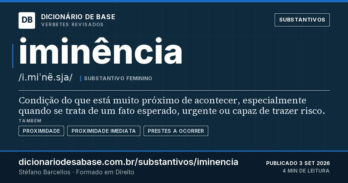 Cartão do verbete iminência: Condição do que está muito próximo de acontecer, especialmente quando se trata de um fato esperado, urgente ou capaz de…