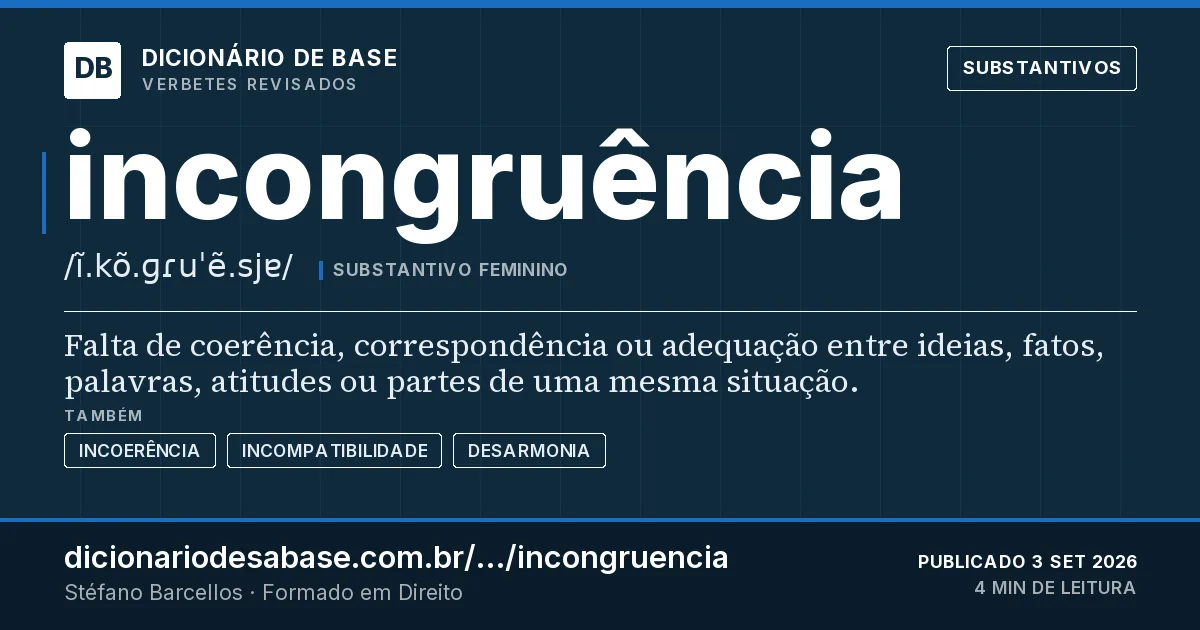 Cartão do verbete incongruência: Falta de coerência, correspondência ou adequação entre ideias, fatos, palavras, atitudes ou partes de uma mesma…