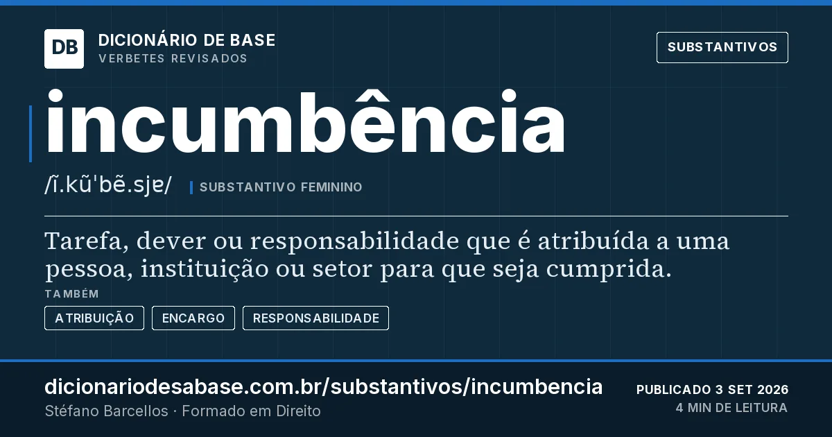 Cartão do verbete incumbência: Tarefa, dever ou responsabilidade que é atribuída a uma pessoa, instituição ou setor para que seja cumprida.