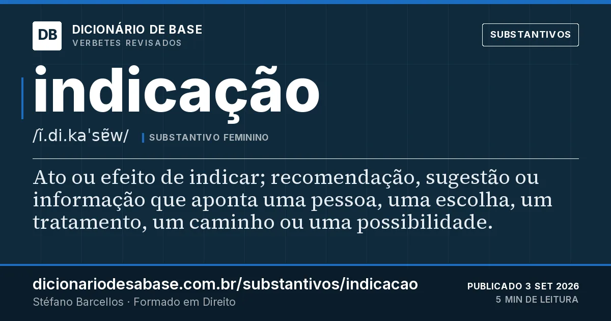 Cartão do verbete indicação: Ato ou efeito de indicar; recomendação, sugestão ou informação que aponta uma pessoa, uma escolha, um tratamento, um…