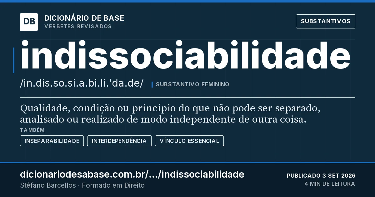 Cartão do verbete indissociabilidade: Qualidade, condição ou princípio do que não pode ser separado, analisado ou realizado de modo independente de outra…