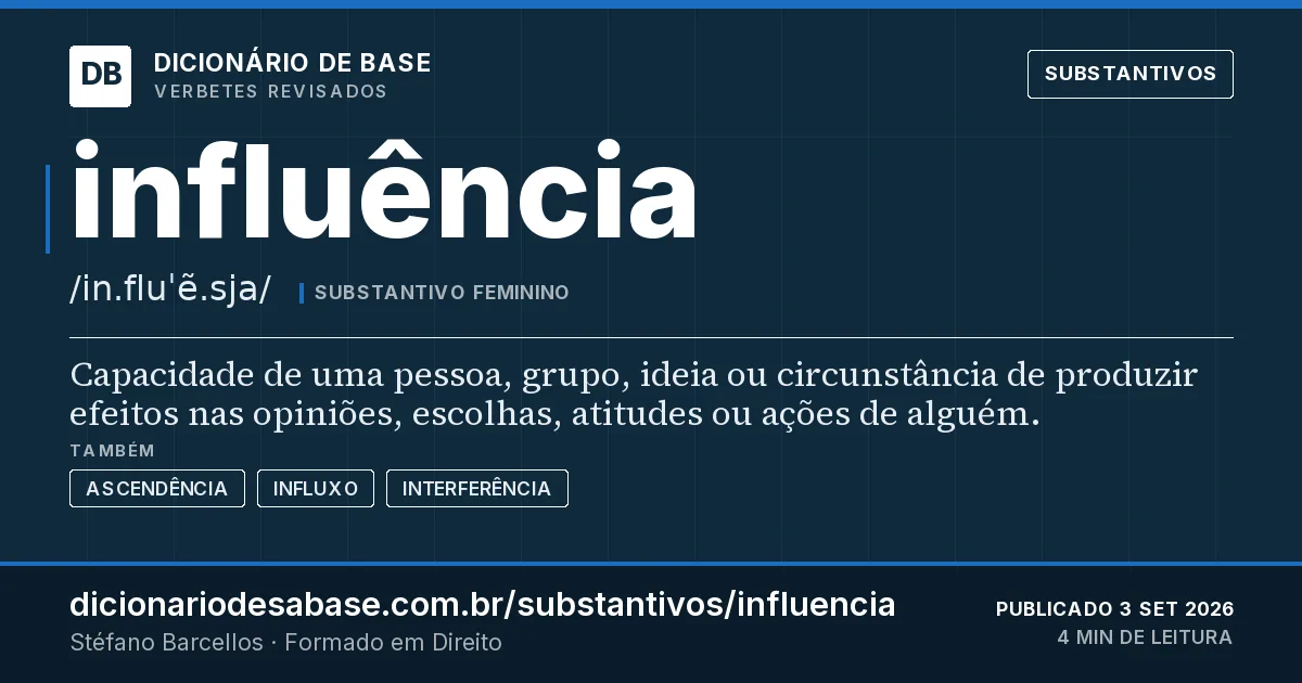 Cartão do verbete influência: Capacidade de uma pessoa, grupo, ideia ou circunstância de produzir efeitos nas opiniões, escolhas, atitudes ou ações…