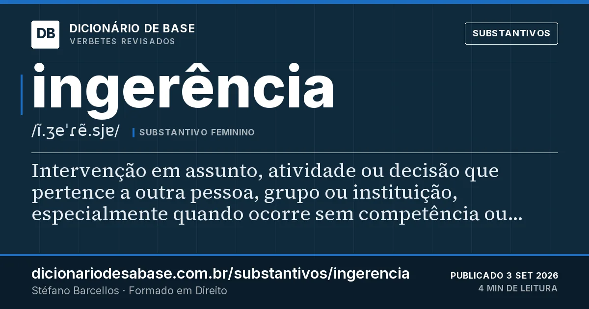 Cartão do verbete ingerência: Intervenção em assunto, atividade ou decisão que pertence a outra pessoa, grupo ou instituição, especialmente quando…