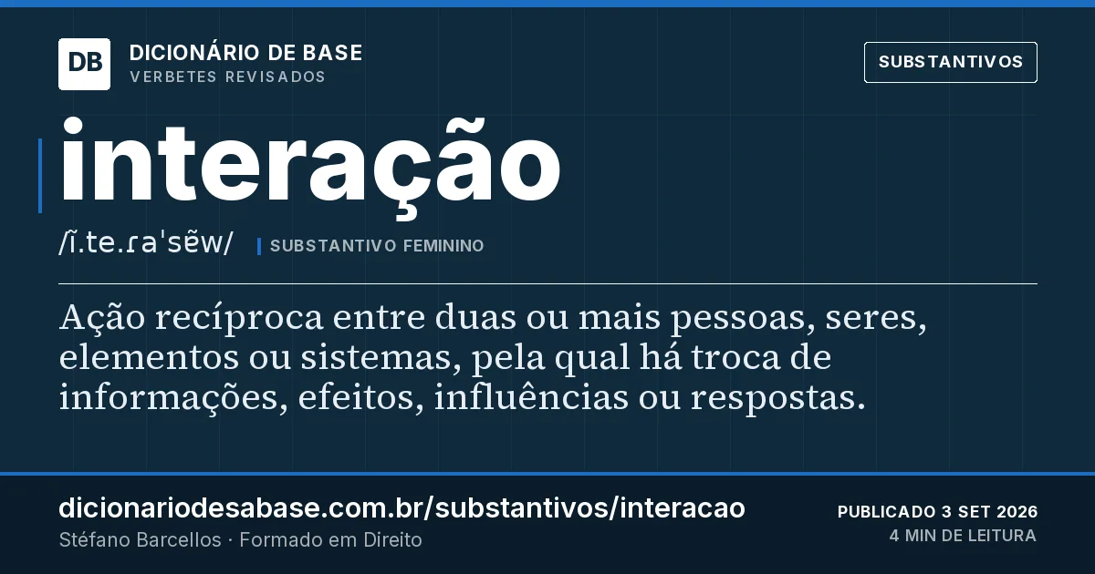 Cartão do verbete interação: Ação recíproca entre duas ou mais pessoas, seres, elementos ou sistemas, pela qual há troca de informações, efeitos…