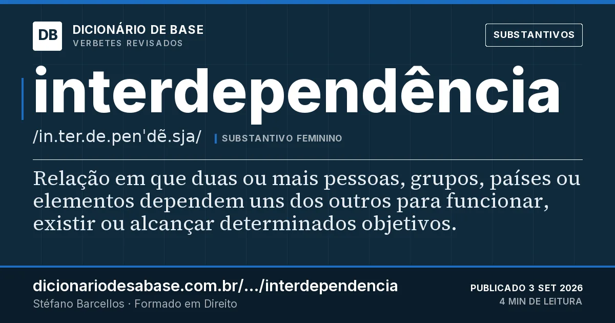 Cartão do verbete interdependência: Relação em que duas ou mais pessoas, grupos, países ou elementos dependem uns dos outros para funcionar, existir ou…