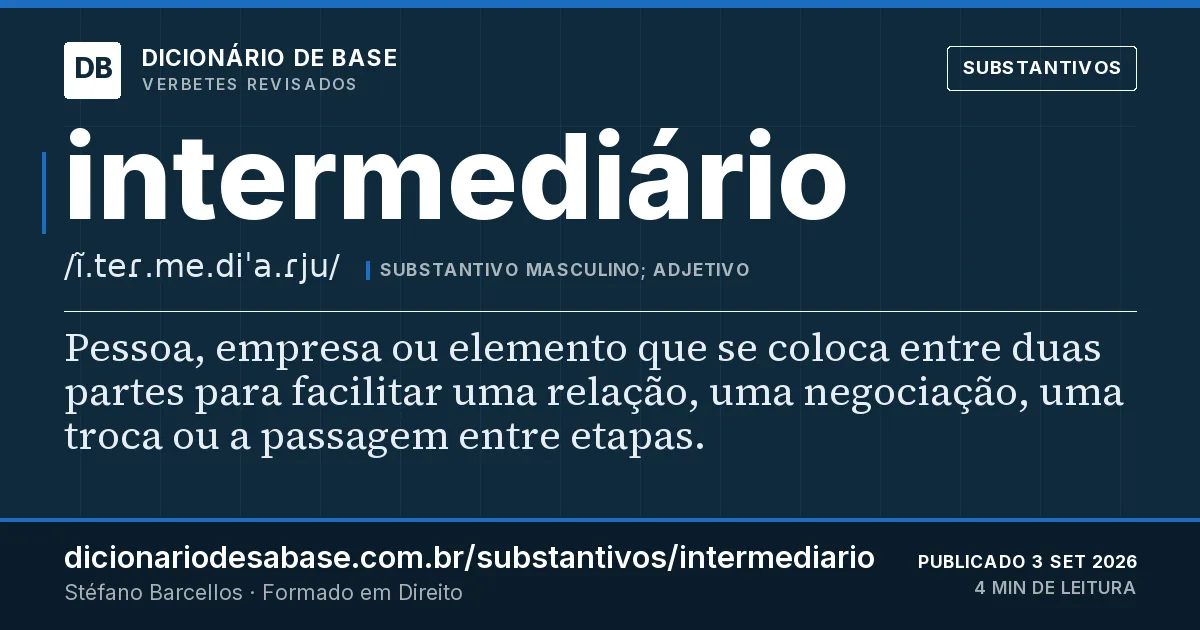 Cartão do verbete intermediário: Pessoa, empresa ou elemento que se coloca entre duas partes para facilitar uma relação, uma negociação, uma troca ou a…