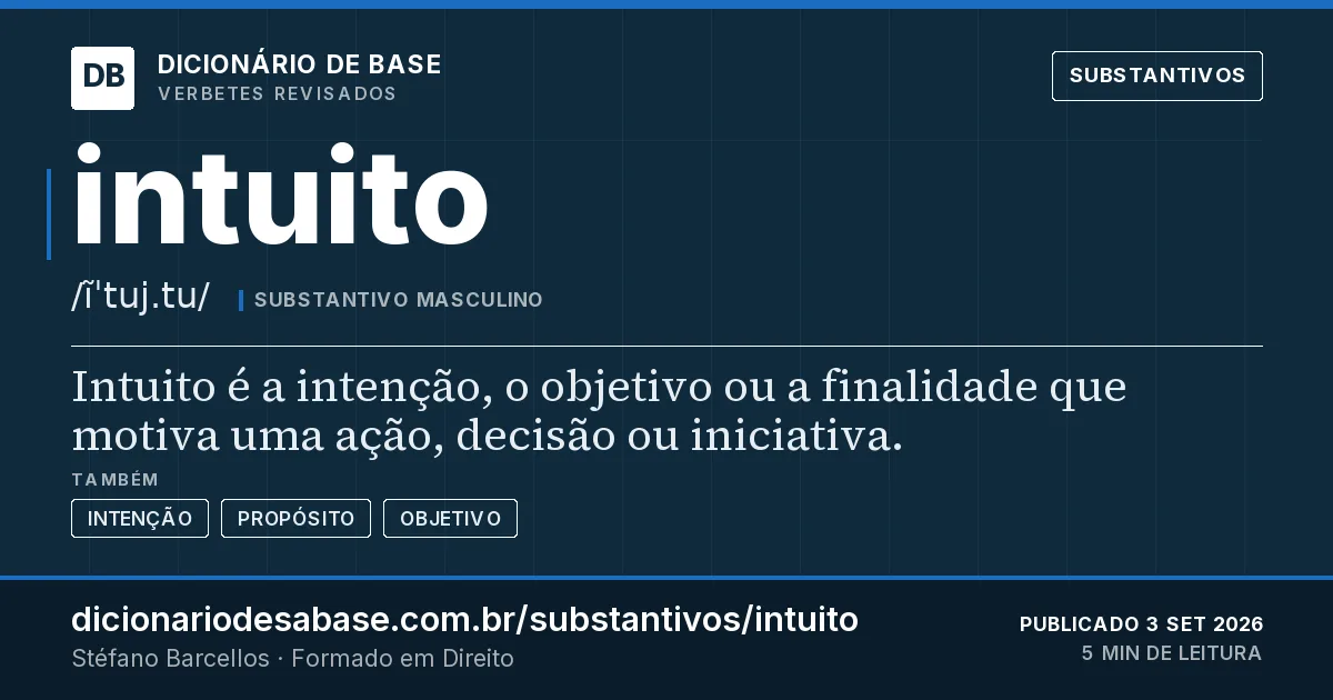 Cartão do verbete intuito: Intuito é a intenção, o objetivo ou a finalidade que motiva uma ação, decisão ou iniciativa.