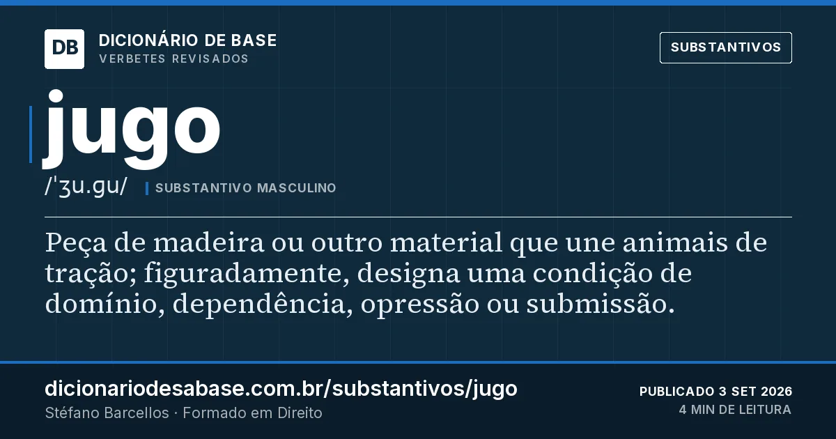 Cartão do verbete jugo: Peça de madeira ou outro material que une animais de tração; figuradamente, designa uma condição de domínio…