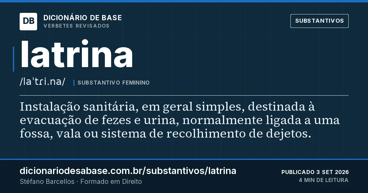 Cartão do verbete latrina: Instalação sanitária, em geral simples, destinada à evacuação de fezes e urina, normalmente ligada a uma fossa, vala ou…