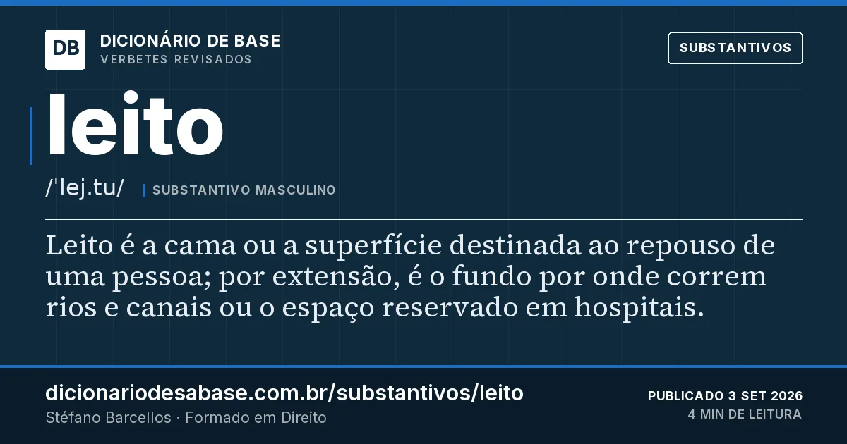 Cartão do verbete leito: Leito é a cama ou a superfície destinada ao repouso de uma pessoa; por extensão, é o fundo por onde correm rios e…