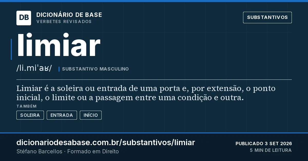 Cartão do verbete limiar: Limiar é a soleira ou entrada de uma porta e, por extensão, o ponto inicial, o limite ou a passagem entre uma condição…