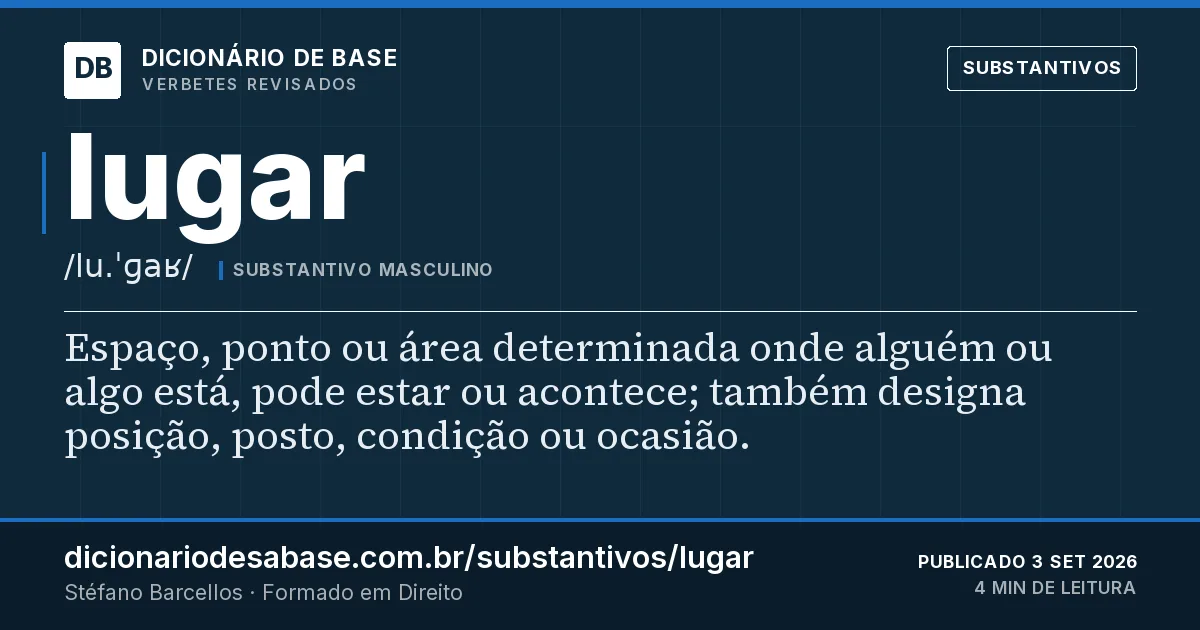 Cartão do verbete lugar: Espaço, ponto ou área determinada onde alguém ou algo está, pode estar ou acontece; também designa posição, posto…