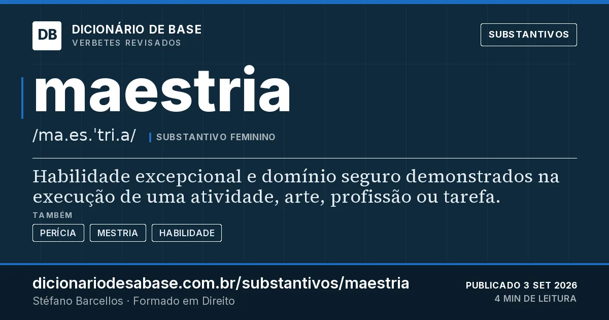 Cartão do verbete maestria: Habilidade excepcional e domínio seguro demonstrados na execução de uma atividade, arte, profissão ou tarefa.