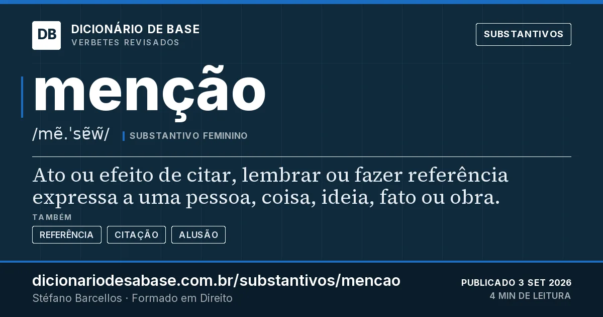Cartão do verbete menção: Ato ou efeito de citar, lembrar ou fazer referência expressa a uma pessoa, coisa, ideia, fato ou obra.
