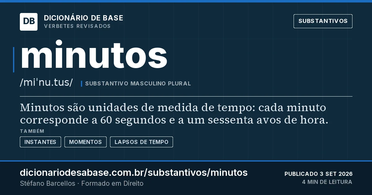Cartão do verbete minutos: Minutos são unidades de medida de tempo: cada minuto corresponde a 60 segundos e a um sessenta avos de hora.