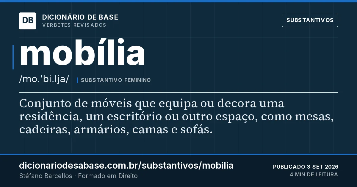 Cartão do verbete mobília: Conjunto de móveis que equipa ou decora uma residência, um escritório ou outro espaço, como mesas, cadeiras, armários…