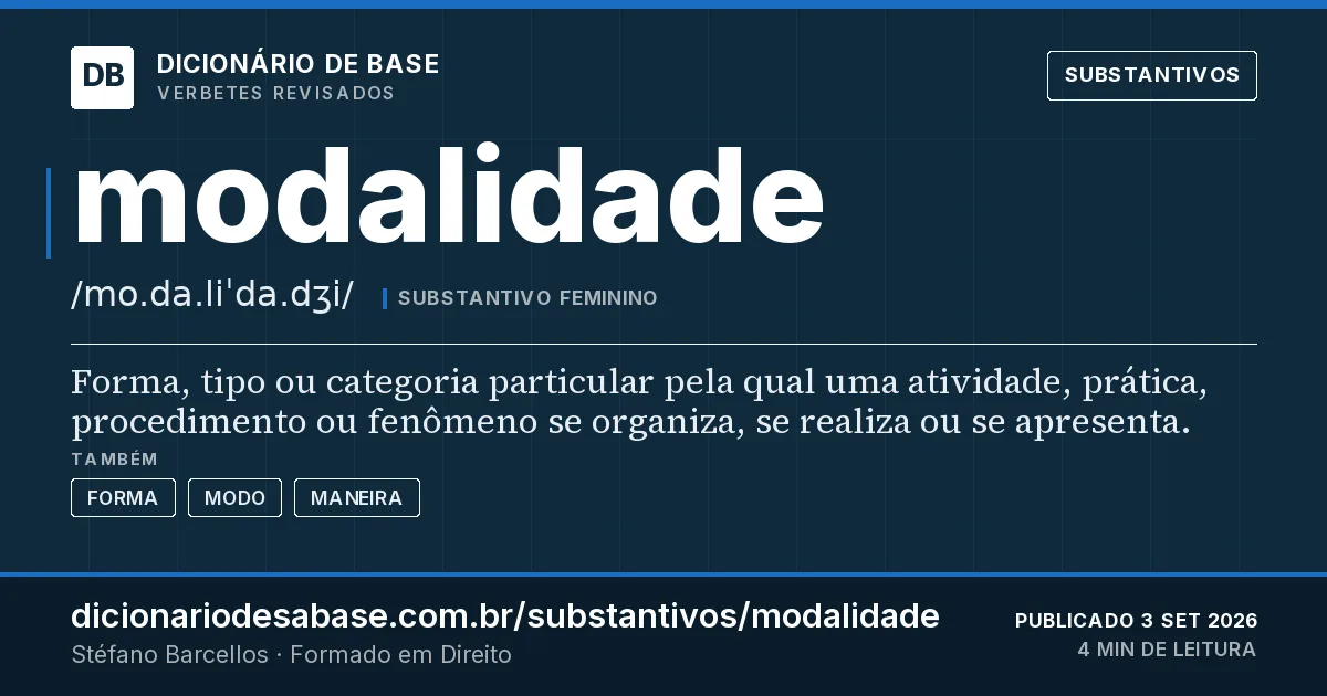 Cartão do verbete modalidade: Forma, tipo ou categoria particular pela qual uma atividade, prática, procedimento ou fenômeno se organiza, se realiza…